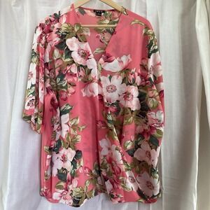 IMAN Global Chic Luxurious Crossover Pink Floral‎ Top Blouse Faux Wrap 2XL